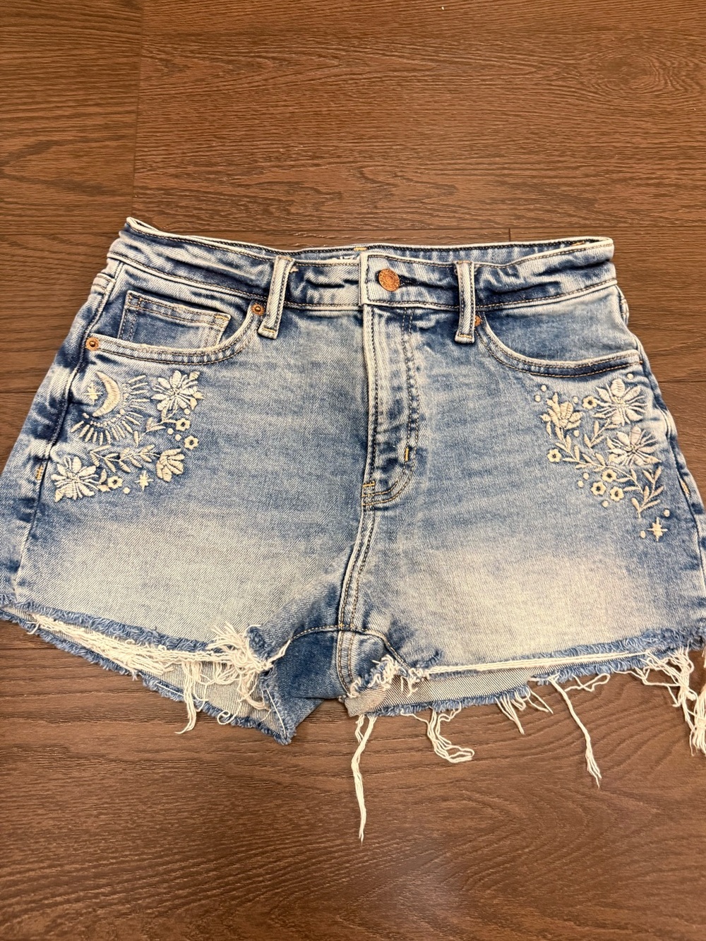 Moon Child 🌔 High-Rise Embroidered Light Blue Denim Mom Shorts